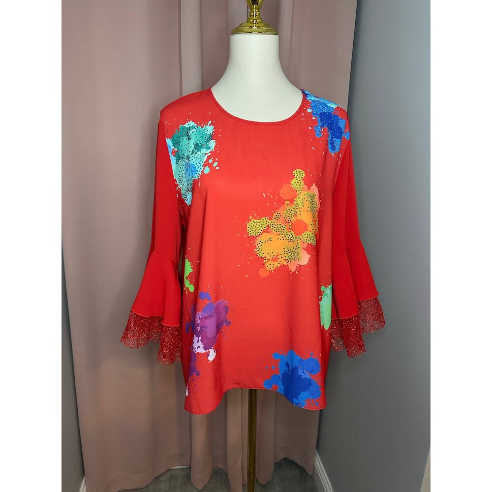 VGUC Miss Rose Blouse Floral Splatter Embellished Lace Bell Sleeve Sz 44/XL/16W